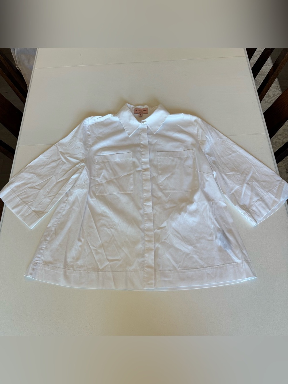Chico’s Black Label White Cotton Button-Down Shirt Chest Pockets 3/4 Sleeve XL